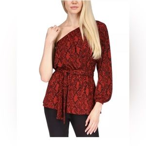 Michael Kors Crimson Red One-Shoulder Belted Python Print Top Blouse Size: M NWT
